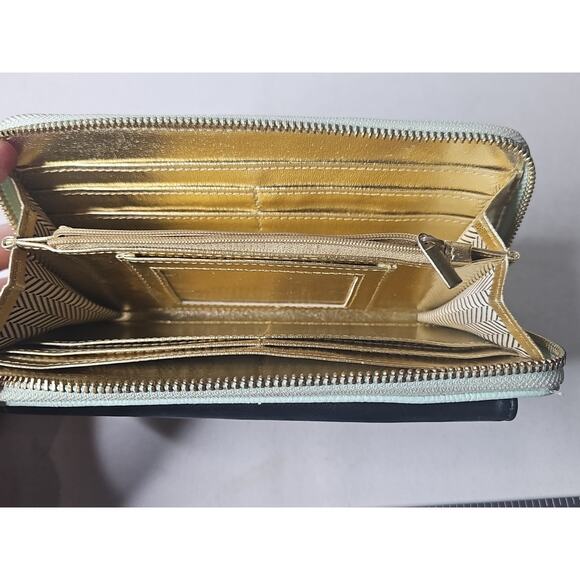 Steve Madden Zip Around Wallet Clutch Mint Green & Black w/ Outside Pocket - Picture 9 of 14